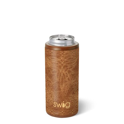 Skinny Can Cooler in Saddle Stitch Cognac - 12 oz