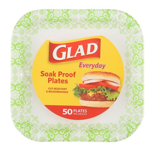 10" Everyday Square Heavy Duty Paper Plates in Green Victorian Pattern - 50 Count
