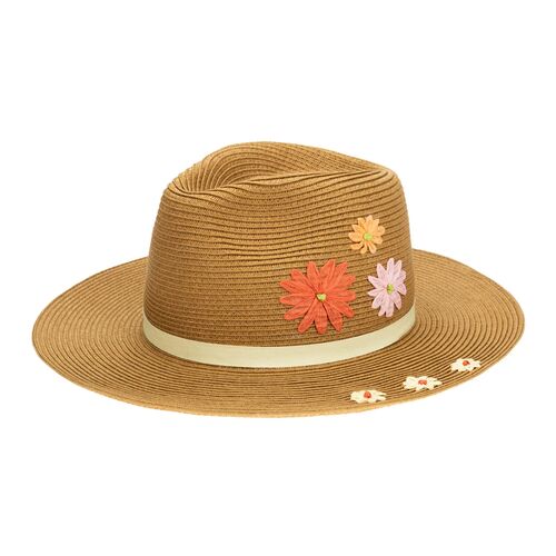 Kid's Paperbraid Fedora with Retro Floral Embroidery in Dark Natural