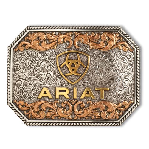 Men's Logo Shield Floral Motif and Rope Edge Belt Buckle in Silver/Copper/Gold