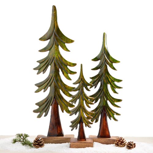 Enameled Carved Mango Wood Trees - Set of 3