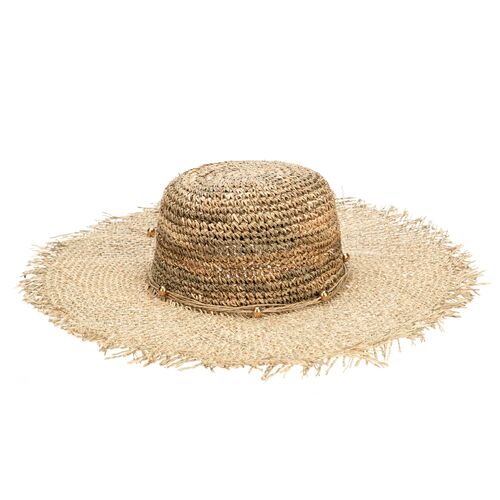 Women's Runaway Crochet Seagrass Crown with Open Weave Brim and Gold Beaded Trim in Natural