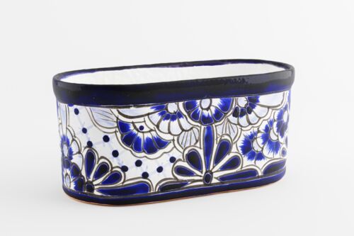 Talavera 4"x9.5" Oval Planter in Blue/White