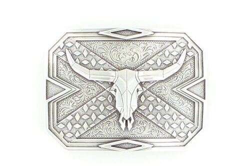 Men's  Square Plate Steer Skull Belt Buckle in Silver