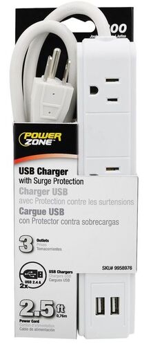 White 3-Outlet 2 USB Port Surge Protector Strip
