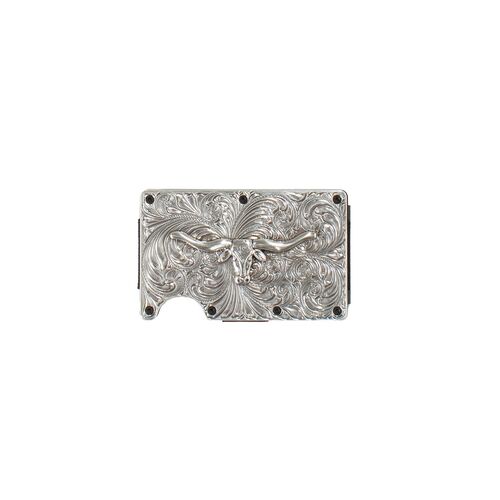 Men's Silver Longhorn Motif RFID Blocking Wallet Utility Wallet