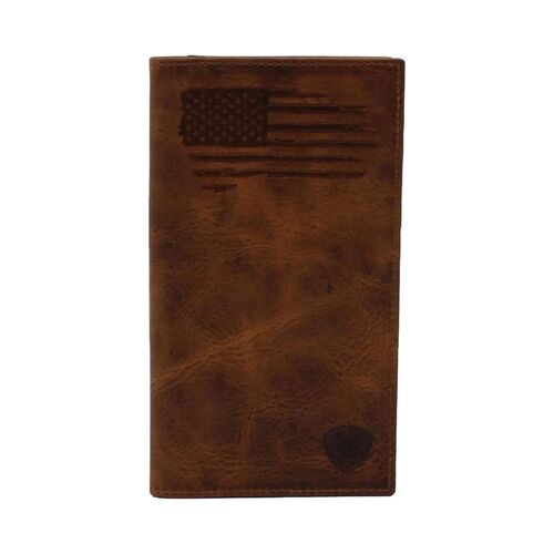 Men's Distressed USA Flag and Shield Logo Rodeo Wallet in Chocolate