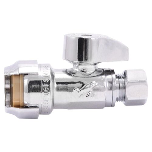 1/2" Push-to-Connect x 3/8" O.D. Compression Chrome-Plated Brass Quarter-Turn Straight Stop Valve
