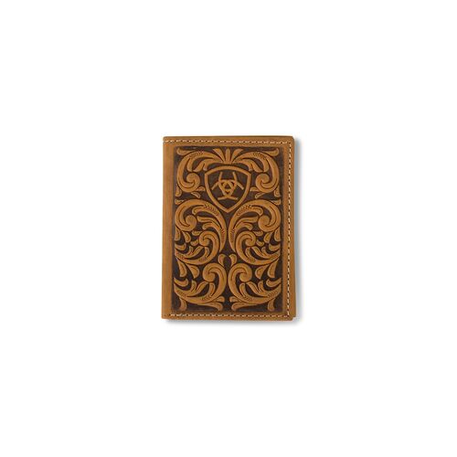 Men's Embossed Scrolling Leather Trifold Wallet in Brown