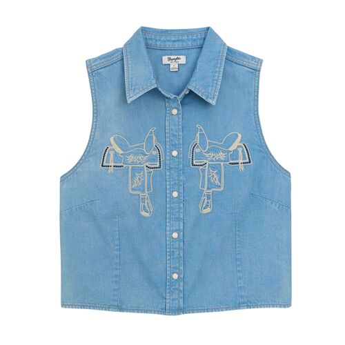 Women's Saddle Embroidered Denim Sleeveless Snap Shirt