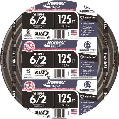 6/2 CU Romex SIMpull Copper Type NM-B Cable with Ground Building Wire - 125'