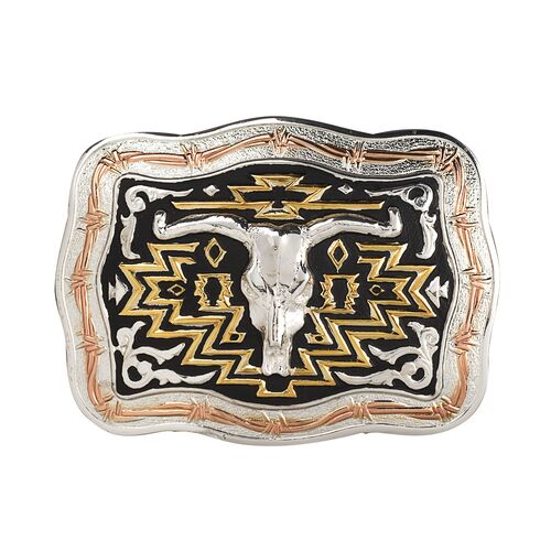 Men's Longhorn Skull Motif Rectangle Belt Buckle in Silver/Copper/Gold