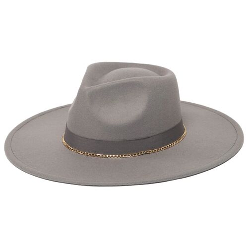 Women's Mia Faux Felt Fedora with Pinch Crown and Gold Trim Band in Charcoal