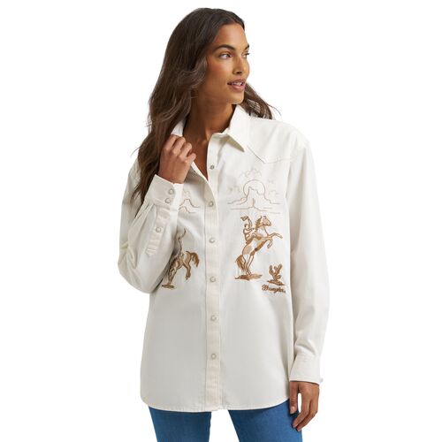 Women's Embroidered Boyfriend Western Snap Denim Shirt
