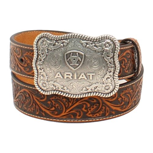 Men's Floral Embossed Belt with Floral Buckle in Tan