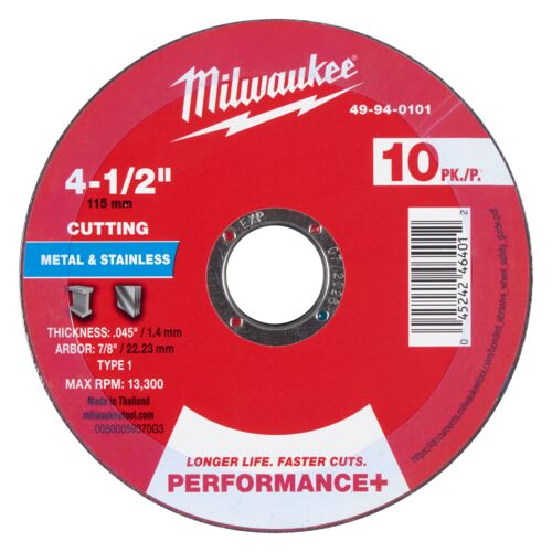 4-1/2" x .045" x 7/8" Performance+ Metal Cut Off Wheel - Type 1 - 10-Pack
