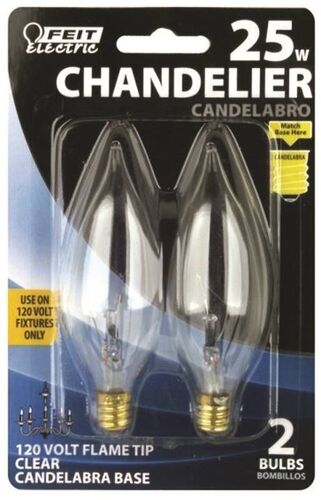 25 Watt Clear Flame Tip Chandelier Light Bulbs