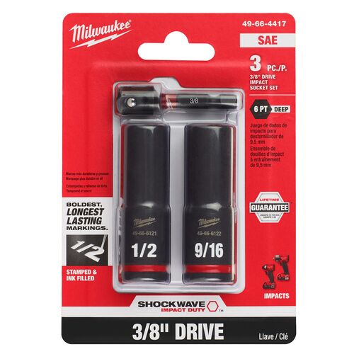 3 Piece SHOCKWAVE Impact Duty 3/8" Drive SAE Deep 6 Point Socket Set