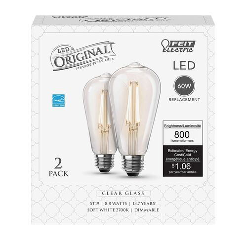 60W Replacement ST19 E26 Dimmable Straight Filament Clear Glass Vintage Edison LED Light Bulb, Soft White 2-Pack