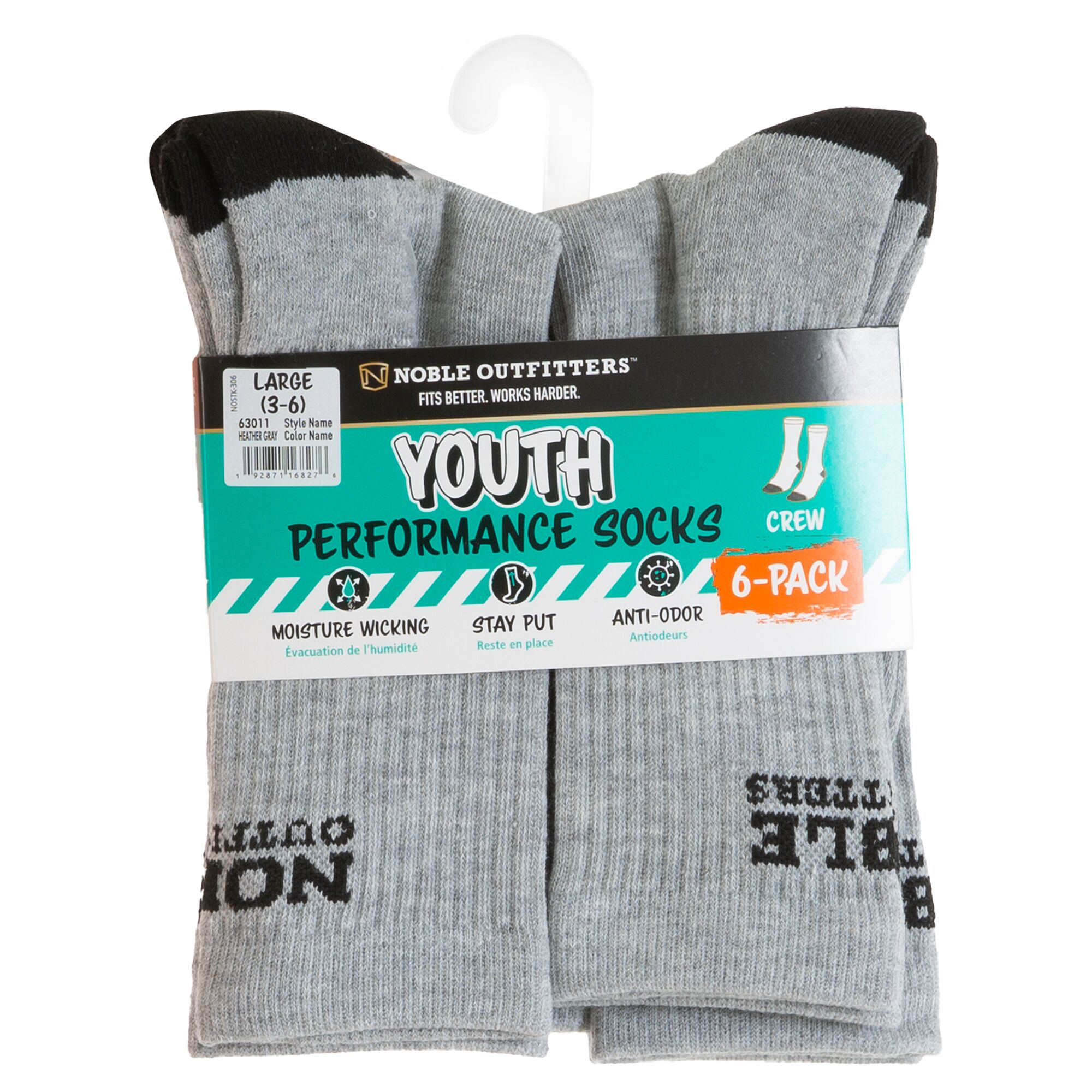 Youth Performance Crew Sock 6-Pack in Heather Grey