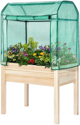 Elevated Wooden Gardening Bed with Greenhouse Cover