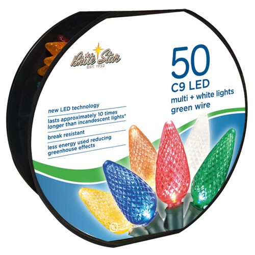 50-Count C9 LED Multi + White Light Set with Green Wire