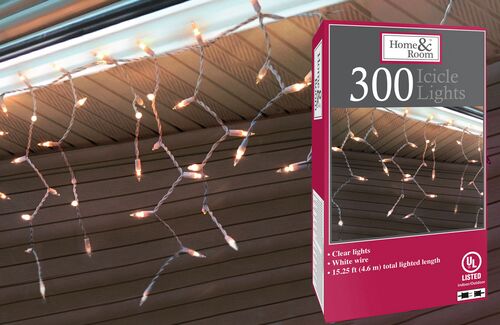 Home & Room 300-Count Icicle Lights in Clear/Green Wire