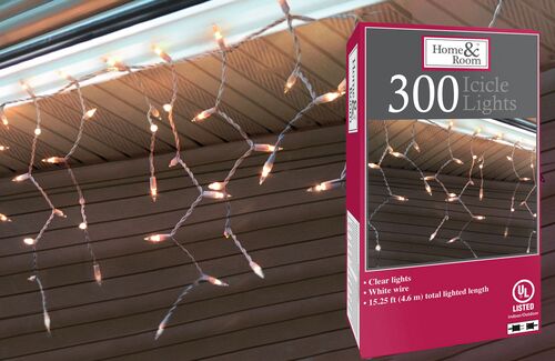 Home & Room 300-Count Icicle Lights in Clear/White Wire