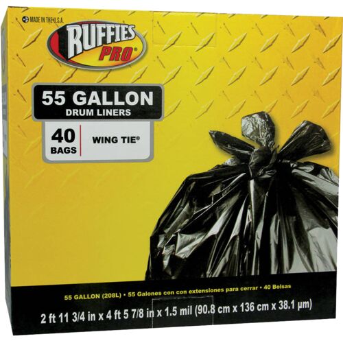 55 Gallon Wing Tie Drum Liner Trash Bags in Black - 40 Count