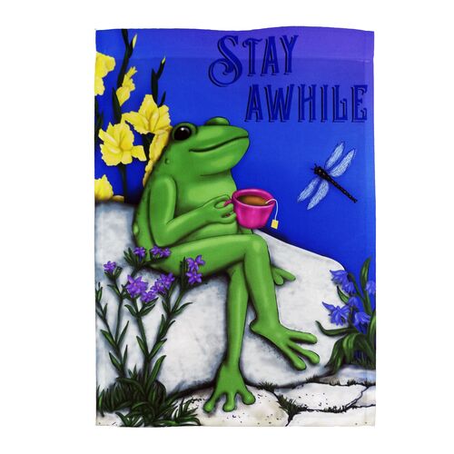 Stay Awhile Garden Frog Design Garden Flag