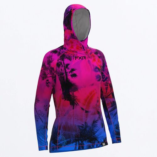 Womens Attack UPF Pullover Hoodie in Fuchsia-Blue Tropical