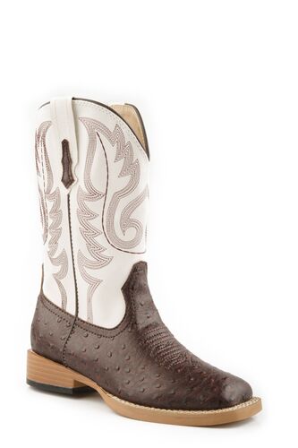 Kid's Pull On Square Toe Western Boots in Faux Ostrich