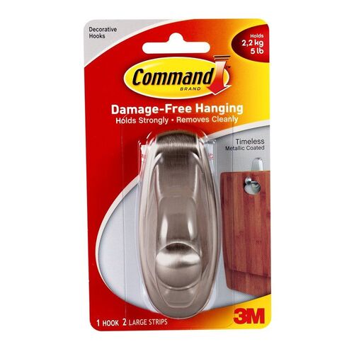 Command Brushed Nickle Large Timeless Single Hook w/ 2 Strips
