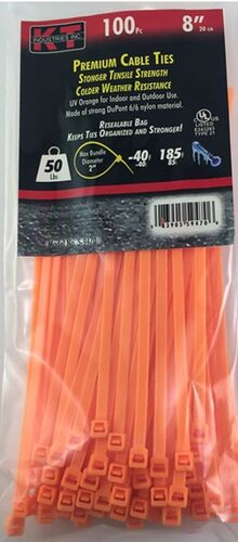 8" Standard Duty Cable Ties in Orange - 100/pk