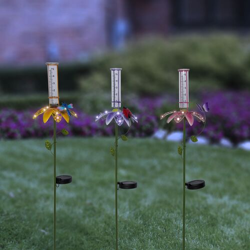 Solar Floral Rain Gauge Stake with LED Lights - Assorted