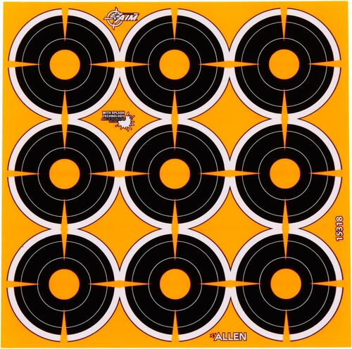 EZ Aim Adhesive Splash Reactive Paper Shooting Targets - 2" Bullseye 9 Targets Per Sheet 12-Sheets Black/Orange