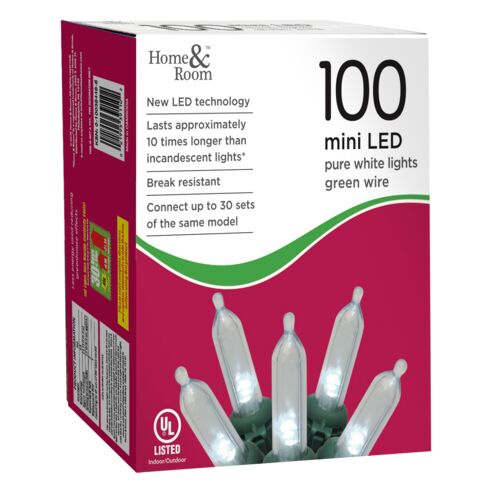 100-Count Mini LED Light Set in Pure White/Green Wire