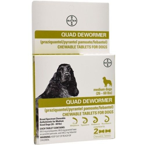 Quad Dewormer For Medium Dogs 26-60 lbs -  2 Chewable Tablets