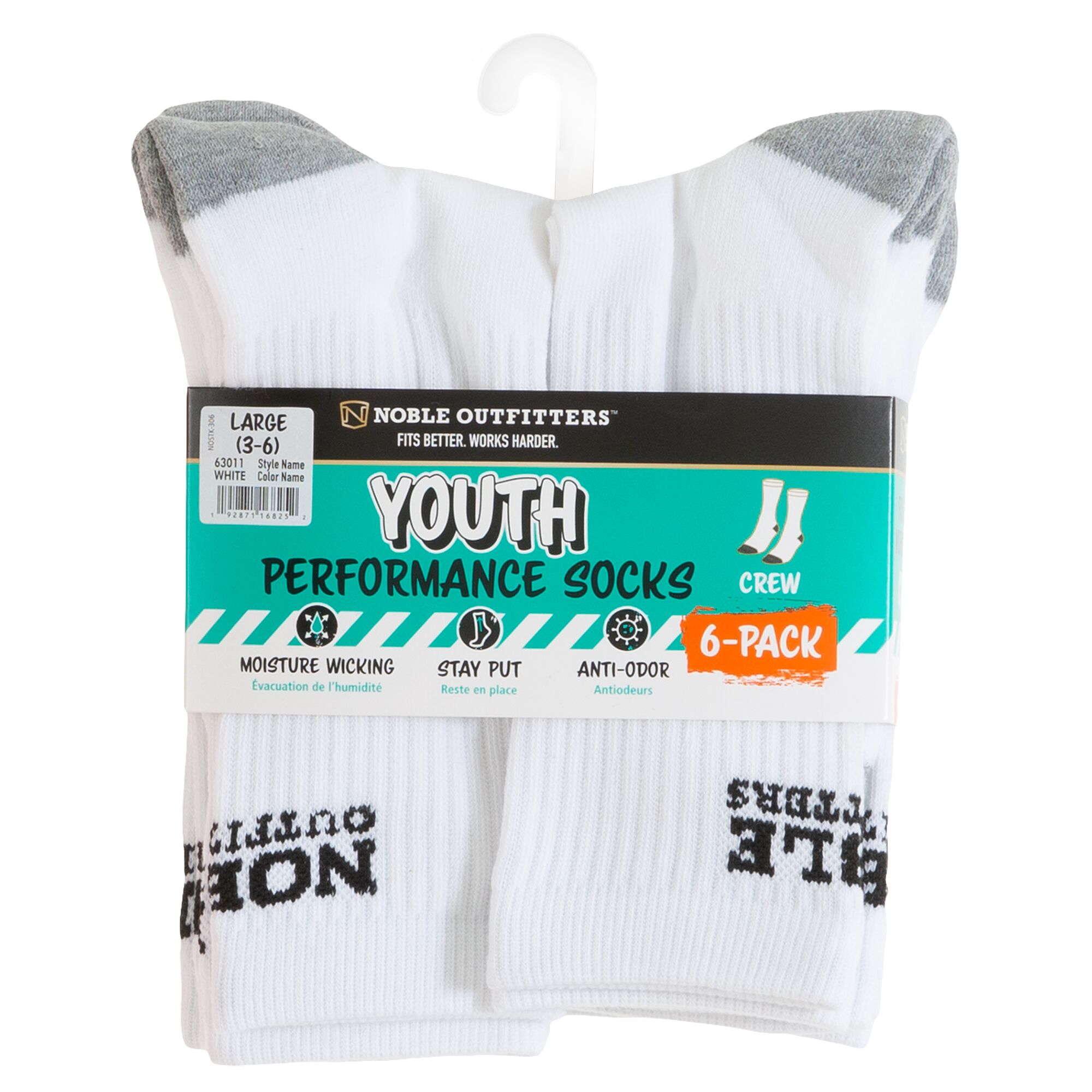 Youth Performance Crew Sock 6-Pack in White