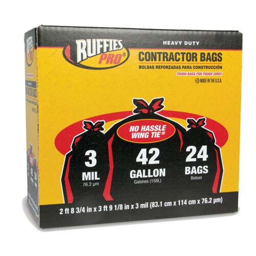 42 Gallon Wing Tie Contractor Trash Bags in Black - 24 Count