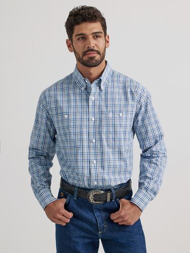 Men's George Strait Button Down Two Pocket Shirt in Blue/White