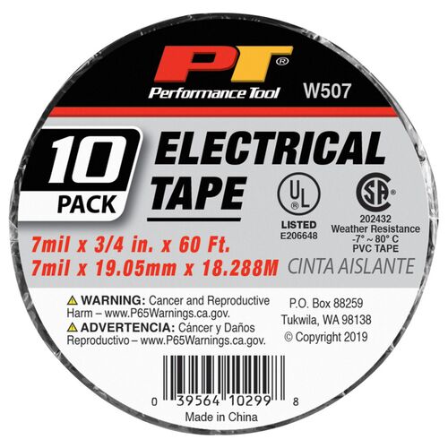 3/4" x 60' Black Electrical Tape - 10-Pack