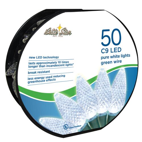 50-Count C9 LED Pure White Light Set with Green Wire