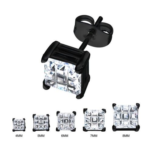 Stainless Steel and Black Plated with Hashtag CZ Square Earrings - 5 mm