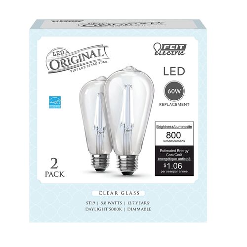 60W Replacement ST19 E26 Dimmable Straight Filament Clear Glass Vintage Edison LED Light Bulb, Daylight 2-Pack