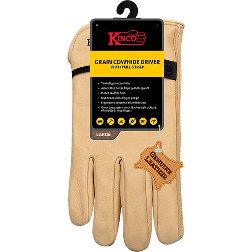 Men's Unlined Grain Cowhide Leather Driver Gloves with Adjustable Fit Pull Strap