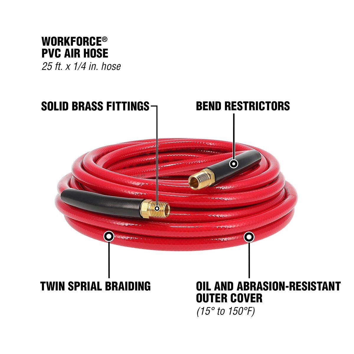 Workforce Air Hose, 3/8 in. x 25 ft., 1/4 Fittings, Rubber, Red