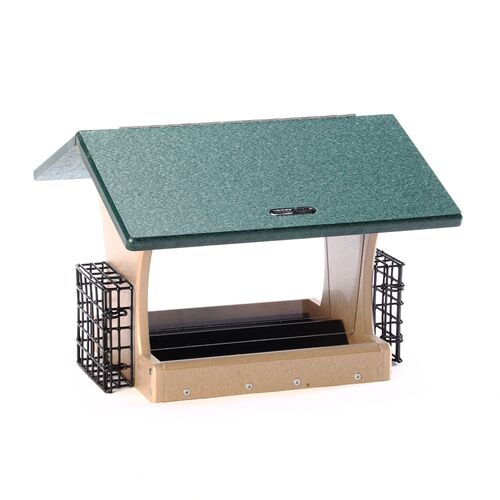 Large Hopper Bird Feeder with Suet Cages in Taupe & Green Recycled Plastic