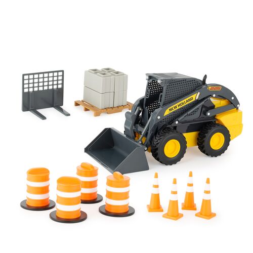 Big Farm 1:16 New Holland Construction Skid Steer Toy with Barrels Cones and Blocks