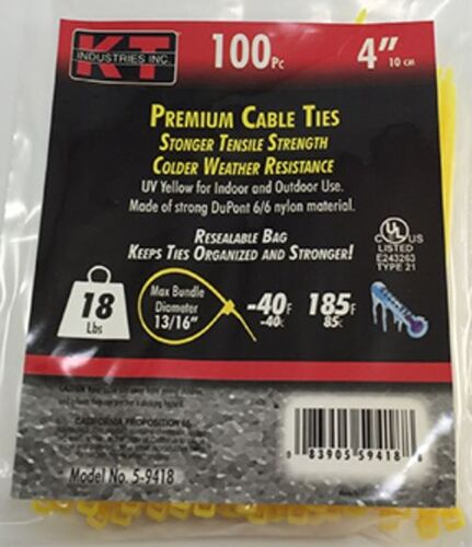 4" Ultra Light Duty Cable Ties in Yellow - 100/pk